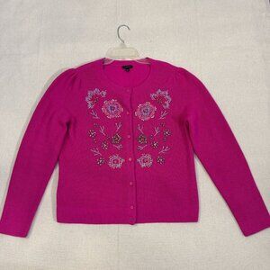 Talbots Fuchsia Pink Floral Beaded Button-Up Long Sleeve Cardigan Sweater L